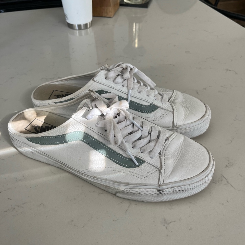 Vans White and Light Blue Slip-On Loafers